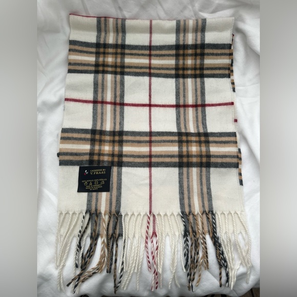 FRAAS CASHMINK Fringe Scarf Unisex Men & Women Plaid Cream Black Red Tan 11x59 - Picture 6 of 9